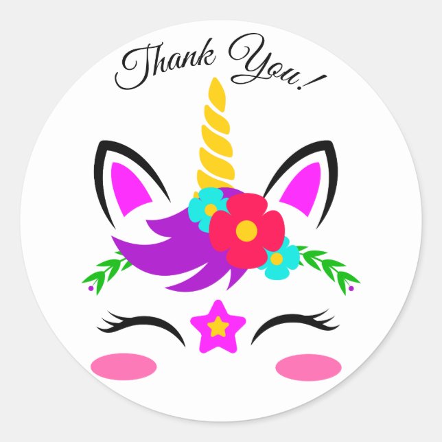 Sticker Rond Merci de Fleur unicorne rose mou (Devant)
