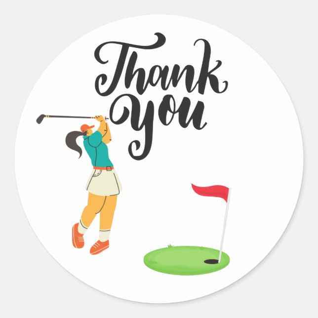 Sticker Rond Merci de golf avec texte et drapeau Femme Golfer (Devant)