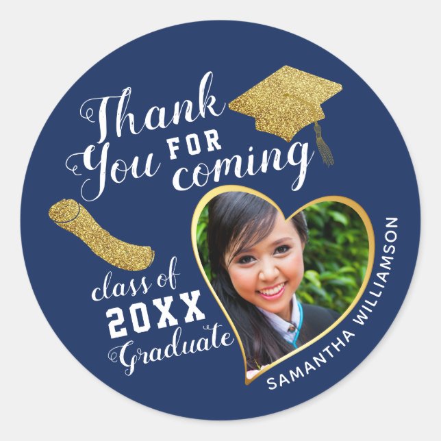 Sticker Rond Merci de graduation Blue White Gold Classe 2025 (Devant)
