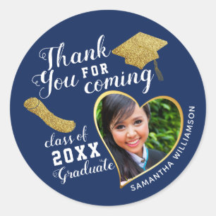 Sticker Rond Merci de graduation Blue White Gold Classe 2025