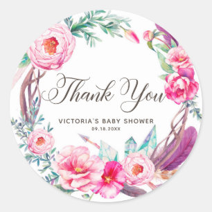 Sticker Rond Merci de guirlande de pivoines de rose d'aquarelle