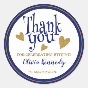 Sticker Rond Merci De La Partie De Graduation Bleue Et Or Favor