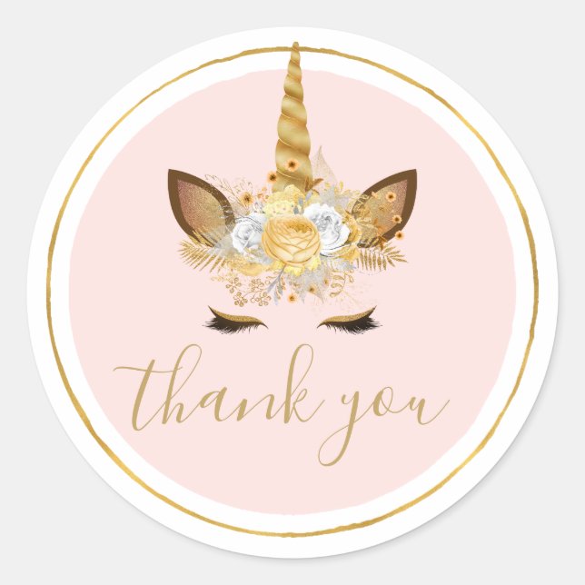 Sticker Rond Merci de l'Unicorne Florale d'or (Devant)
