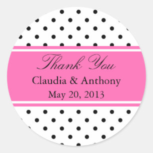 Sticker Rond Merci de Mariage à points Polka Noir, Blanc et Ros