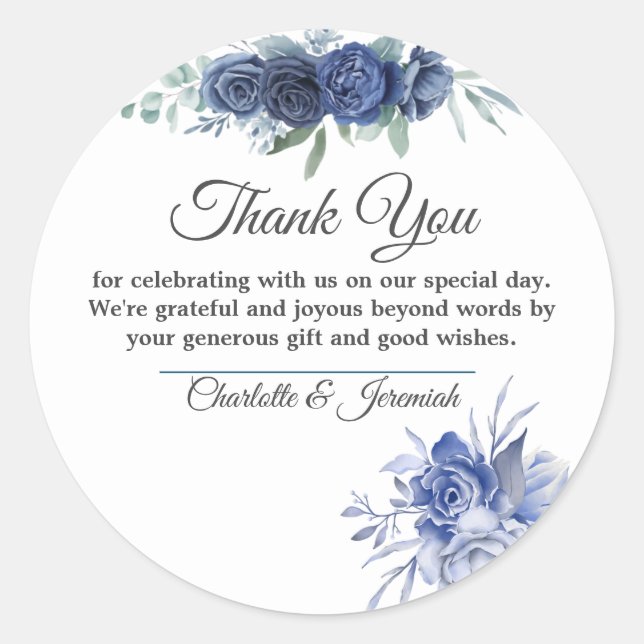 Sticker Rond Merci de Mariage bleu-duvet d'aquarelle Floral (Devant)