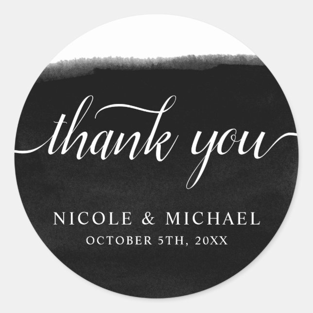 Sticker Rond Merci de Mariage d'aquarelle noir et blanc (Devant)