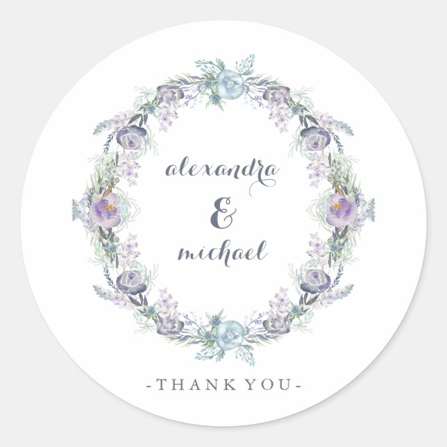 Sticker Rond Merci de Mariage de couronnes florales bleu et vio (Devant)