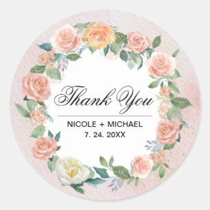 Sticker Rond Merci de Mariage de  de fleurs d'ivoire rose