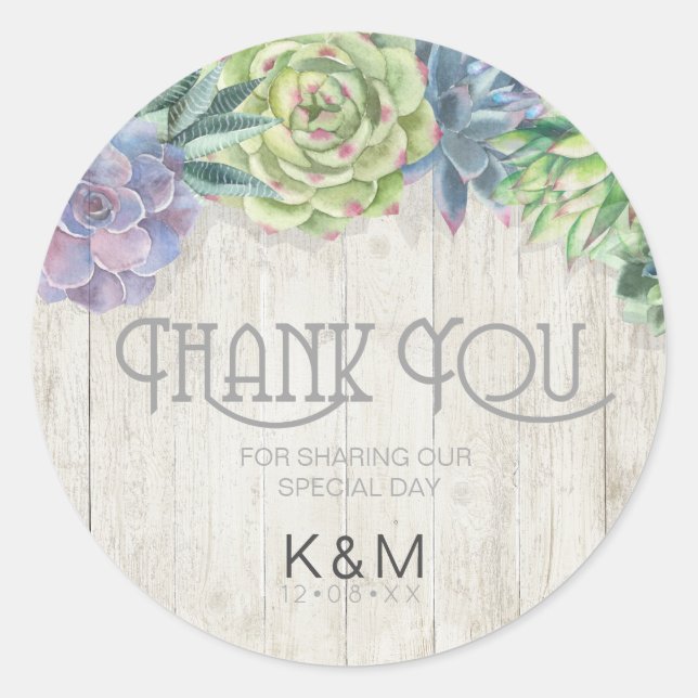 Sticker Rond Merci de Mariage de succulents et de bois rustique (Devant)