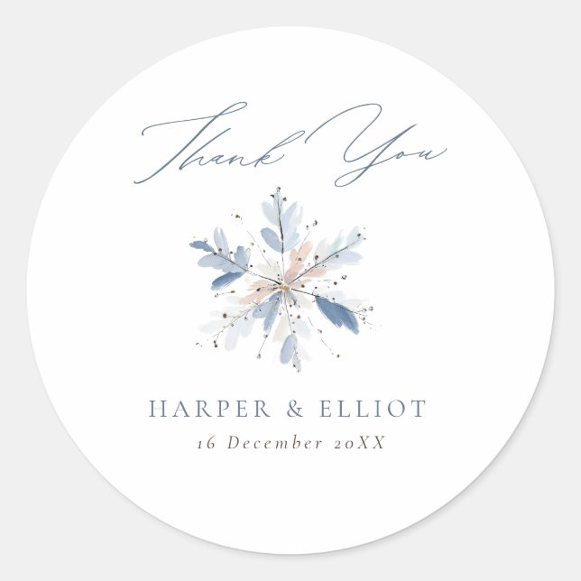 Sticker Rond Merci de mariage d'hiver moderne Blue Snowflake (Devant)