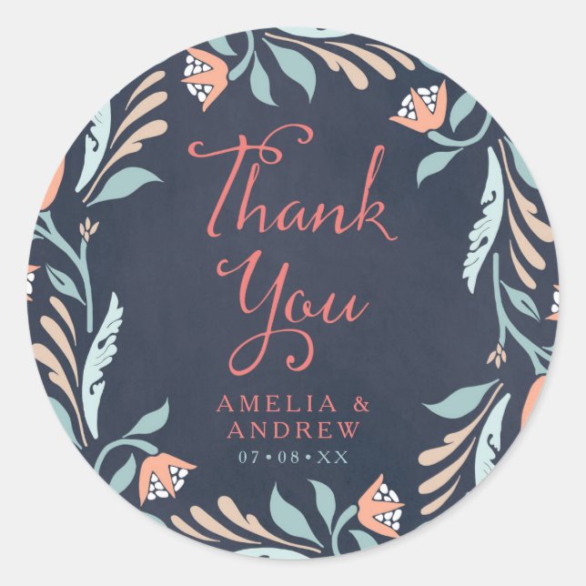 Sticker Rond Merci de Mariage floral Bluish Chalkboard (Devant)