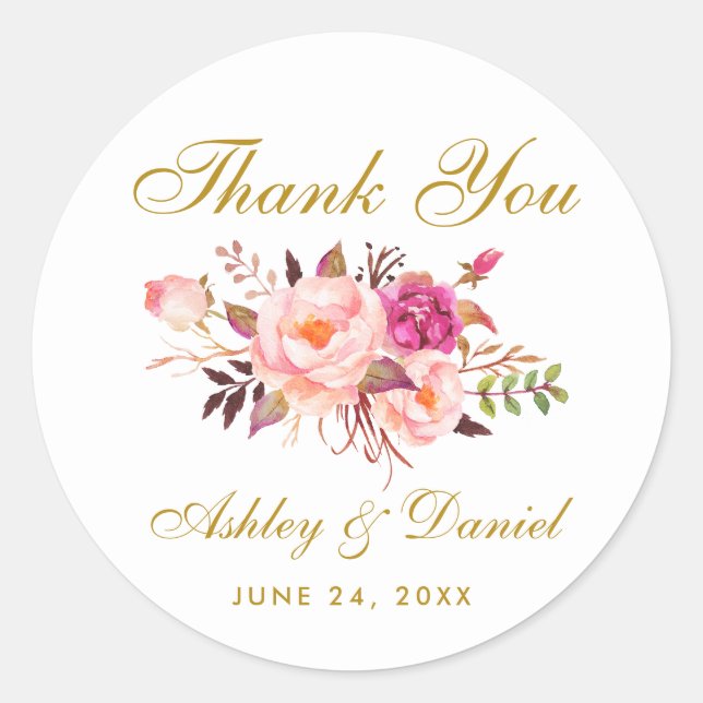 Sticker Rond Merci de Mariage Floral Rose Blush Or (Devant)
