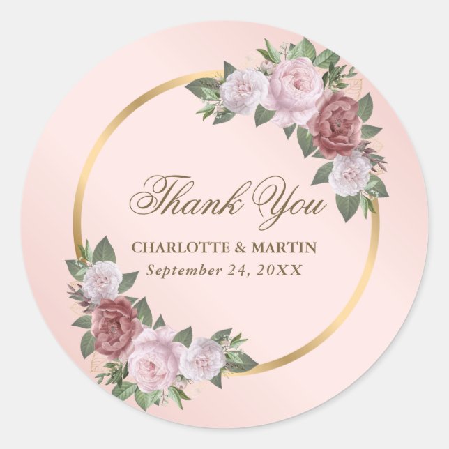 Sticker Rond Merci de Mariage Floral rose pâle (Devant)