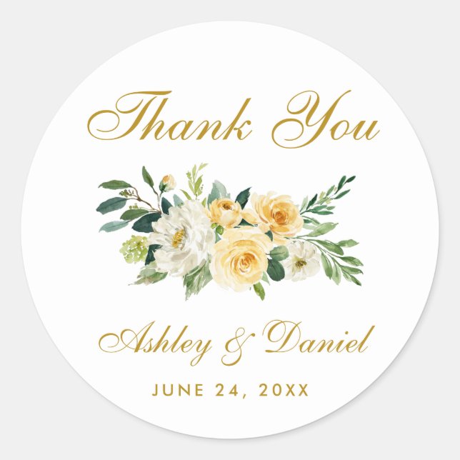 Sticker Rond Merci de Mariage jaune or blanc (Devant)