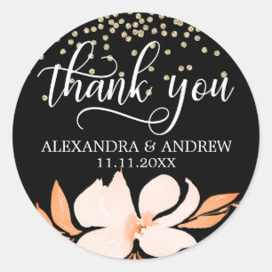 Sticker Rond Merci de Mariage rose rose de Pêche noir