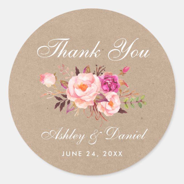 Sticker Rond Merci de Mariage rose rose Kraft (Devant)