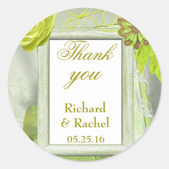 Sticker Rond Merci de Mariage rustique personnalisé vert (Devant)