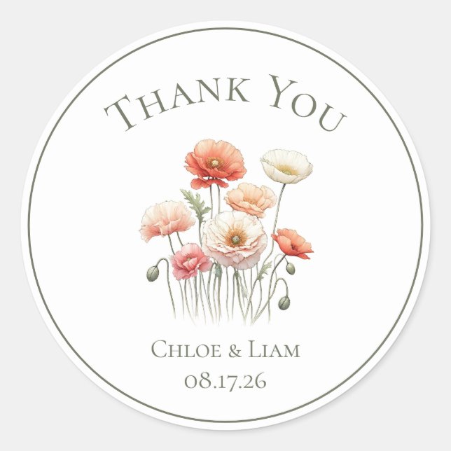 Sticker Rond Merci de mariage sur mesure pour les pavots botani (Devant)