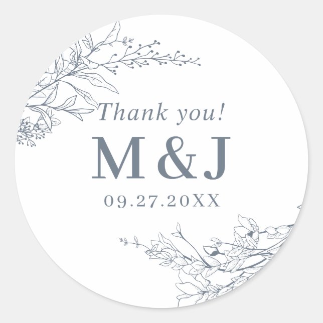 Sticker Rond Merci de monogramme de couronne florale bleu pouss (Devant)