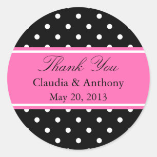 Sticker Rond Merci de Motif blanc, noir et rose Polka