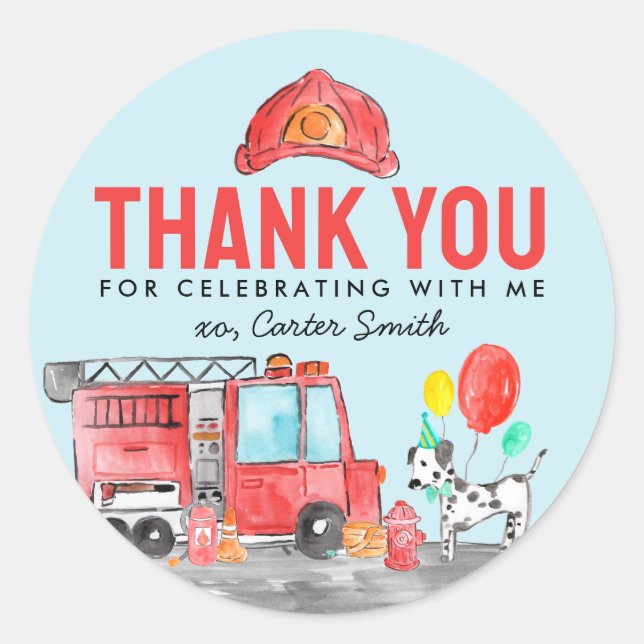 Sticker Rond Merci  de pompier de camion Anniversaire de enfant (Devant)