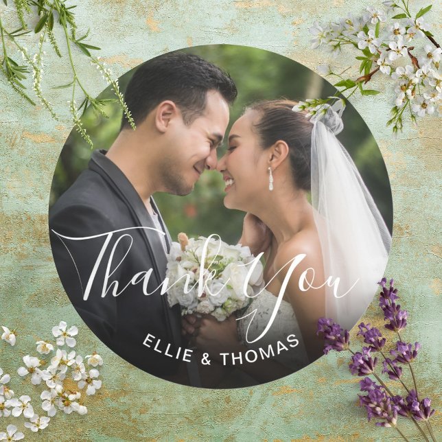 Sticker Rond Merci de script élégant photo (Photo Elegant Script Thank You Classic Round Sticker)
