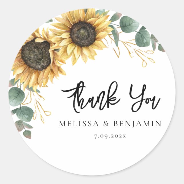 Sticker Rond Merci de script Mariage de tournesol Eucalyptus (Devant)