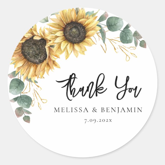 Sticker Rond Merci de script Mariage de tournesol Eucalyptus (Devant)