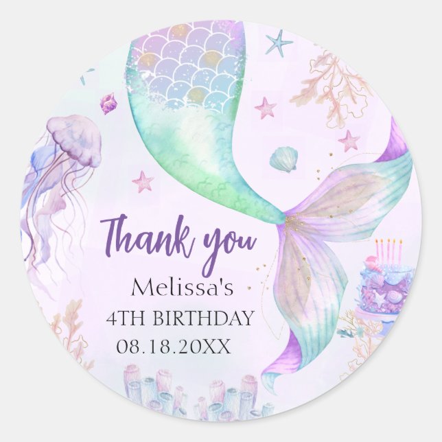 Sticker Rond Merci de sirène Turquoise pourpre (Devant)