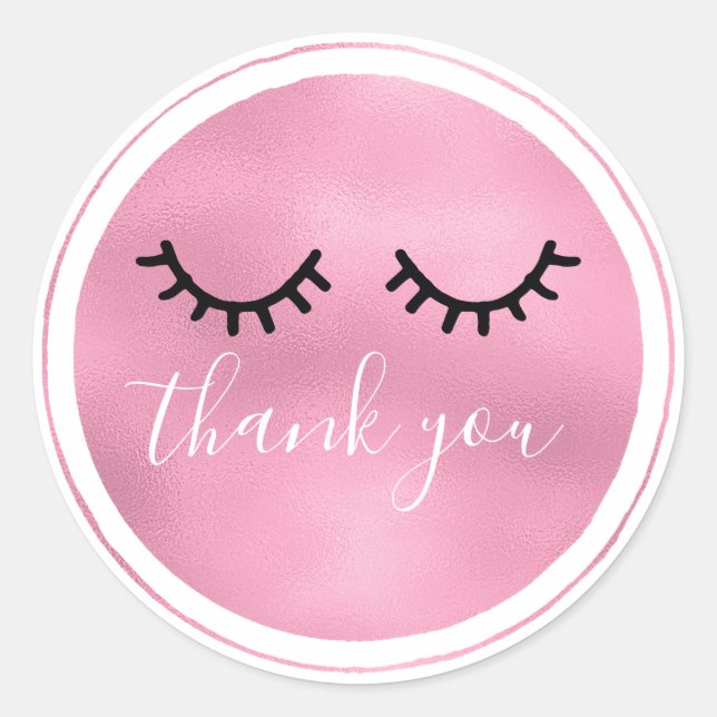Sticker Rond Merci des cils noirs rose glam (Devant)
