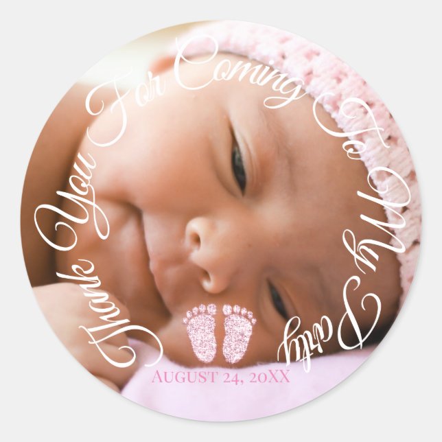 Sticker Rond Merci D'Être Venu À Ma Fête Bébé Fille Douche (Devant)
