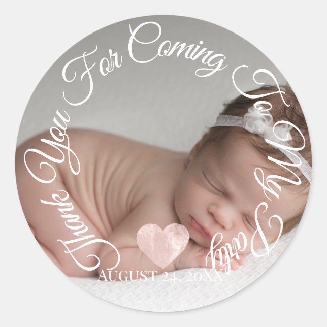 Sticker Rond Merci D'Être Venu À Mon Baby shower Coeur Fille (Devant)
