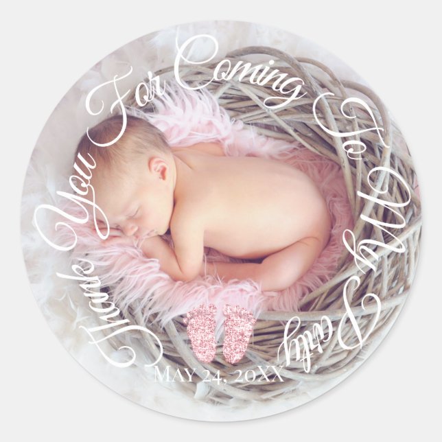 Sticker Rond Merci D'Être Venu À Mon Baby shower Photo Du Parti (Devant)