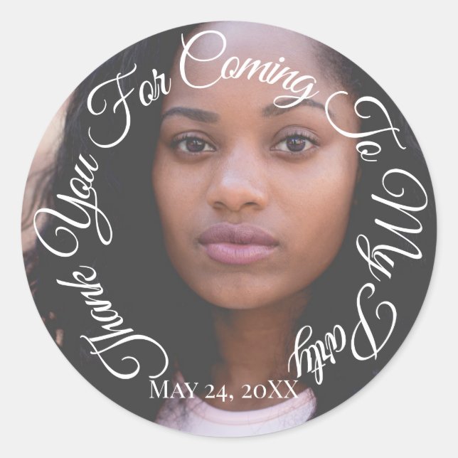 Sticker Rond Merci D'Être Venu À Mon Parti Photo Diplômé (Devant)