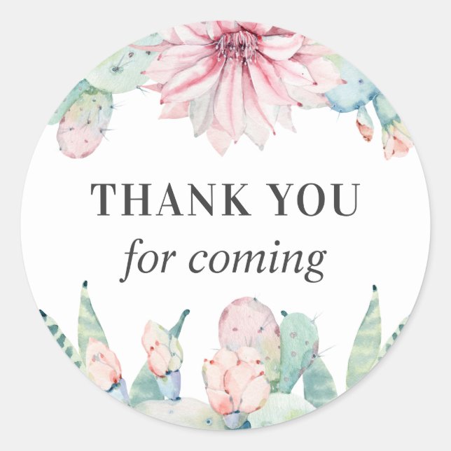 Sticker Rond Merci d'être venu. Baby shower floral de cactus (Devant)