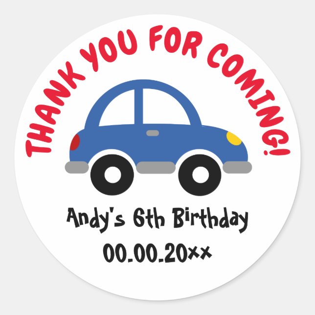 Sticker Rond Merci d'être venu voiture de jouets fête d'anniver (Devant)