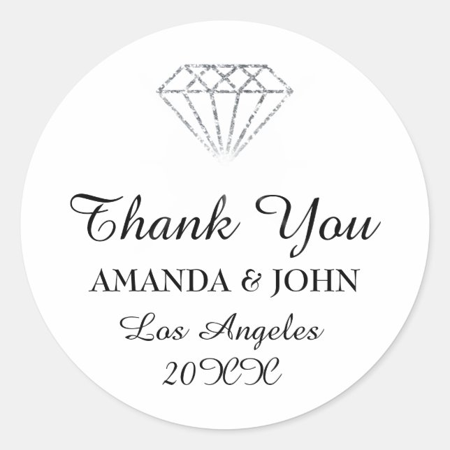 Sticker Rond Merci Diamond Nom Mariage Bridal Sweet16th White (Devant)