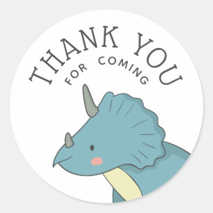 Sticker Rond Merci Dinosaure   Favori de fête Tricératops Bleu