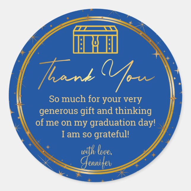 Sticker Rond merci diplôme bleu or trunk scintille chic (Devant)
