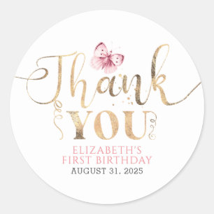 Sticker Rond Merci d'or et papillon rose
