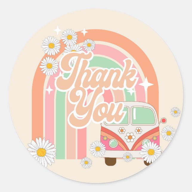 Sticker Rond Merci d'orange rose hippie des années 70 super Ret (Devant)