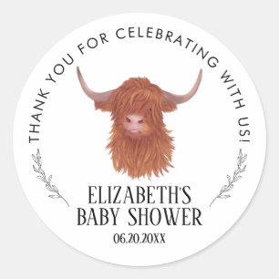 Sticker Rond Merci du Baby shower de la vache Highland