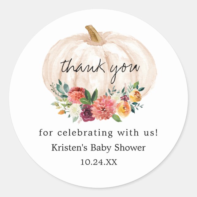 Sticker Rond Merci du Baby shower de l'automne du petit Citroui (Devant)