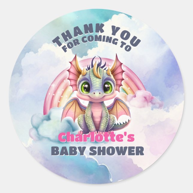 Sticker Rond Merci du Baby shower du parti Pink Dragon (Devant)