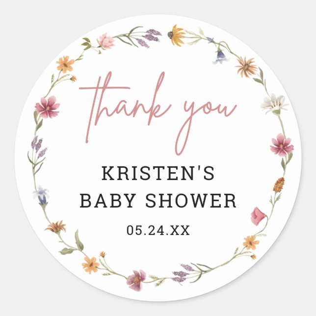 Sticker Rond Merci du Baby shower Fleur sauvage de printemps (Devant)