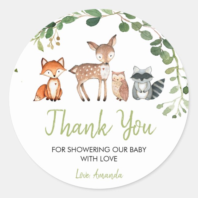 Sticker Rond Merci du Baby shower forestier (Devant)
