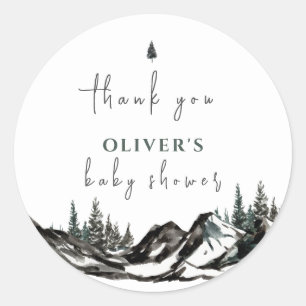 Sticker Rond Merci du Baby shower forestier rustique de montagn