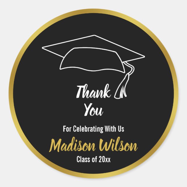 Sticker Rond Merci du Black and Faux Gold Graduation Party (Devant)