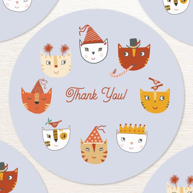 Sticker Rond Merci du chat de fête (Cute party cat thank you sticker)