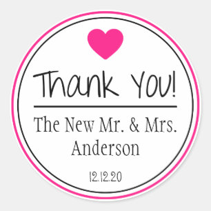 Sticker Rond Merci Du Nouveau Mr. & Mme (Rose chaud/noir)
